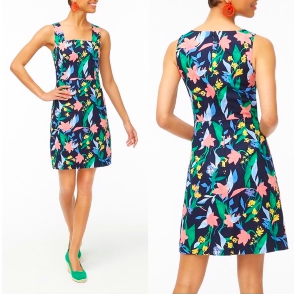 J. Crew Navy Floral Mini Dress with Coral and Green Accents